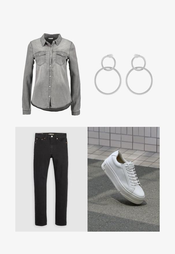 VILA VIBISTA SHIRT - Skjortebluser - grey; Sorte denimjeans med lige ben, fem-lomme-design, metalnitter og kontrasterende syninger. Glat tekstur med en klassisk pasform.; Hvide lædersneakers med lavt design, flade snører, rund tå og strukturerede sider. Tyk gummisål med diskrete detaljer.; Sølv metal øreringe med to sammenflettede cirkler, en større og en mindre, med børstet finish og push-back låse.