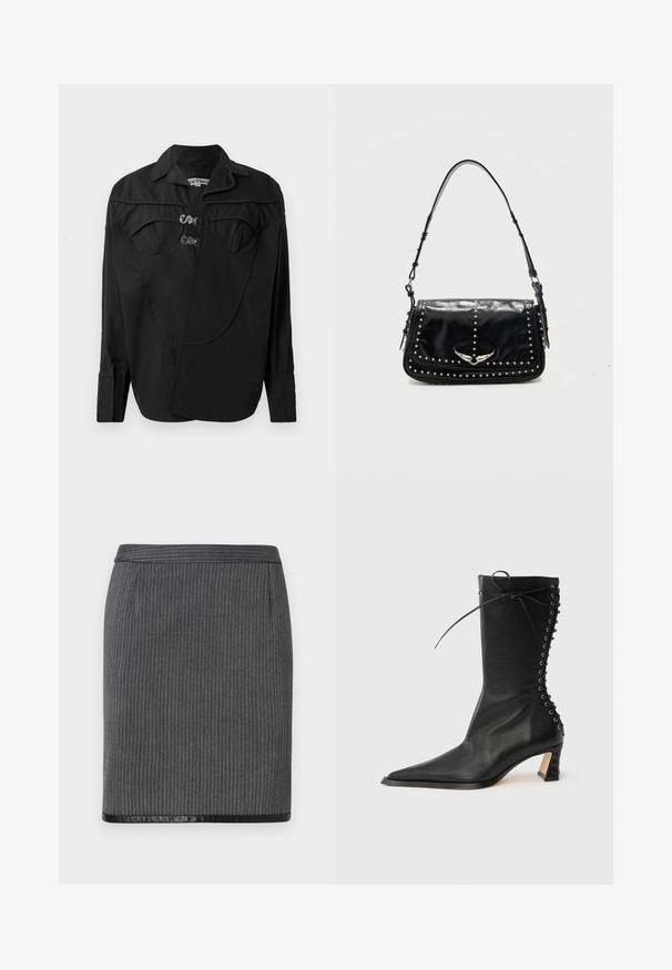 Chemise noire à boutons avec un devant structuré présentant des détails superposés, deux poches poitrine et un col. Fabriquée dans un tissu lisse avec une finition mate.; Jupe crayon grise à côtes avec un ourlet noir lisse. Présente un design ajusté et une taille standard. La texture est tissée et sophistiquée.; Bottine noire en cuir avec bout pointu, talon fin, détail à lacets à l'arrière et œillets métalliques. Texture lisse avec un design élégant.; Sac à épaule en cuir noir avec des clous argentés et un emblème métallique ailé sur le rabat avant sur fond uni.