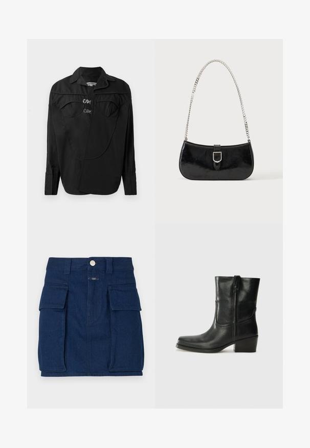 Sort button-up skjorte med en struktureret front, der har overlay-detaljer, to brystlommer og krave. Lavet af et glat stof med en mat overflade.; Mørkeblå denimnederdel med to store forlommer, en metalknaplukning og lige snit. Let tekstureret stof.; Sort læder ankelstøvle med rundt tå, blokhæl, lynlås i siden og stikninger på vampsiden. Glat tekstur, klassisk design.; Sort skuldertaske i laklæder med sølv spænde og sølv kæderem, vist mod en ensartet lys baggrund.