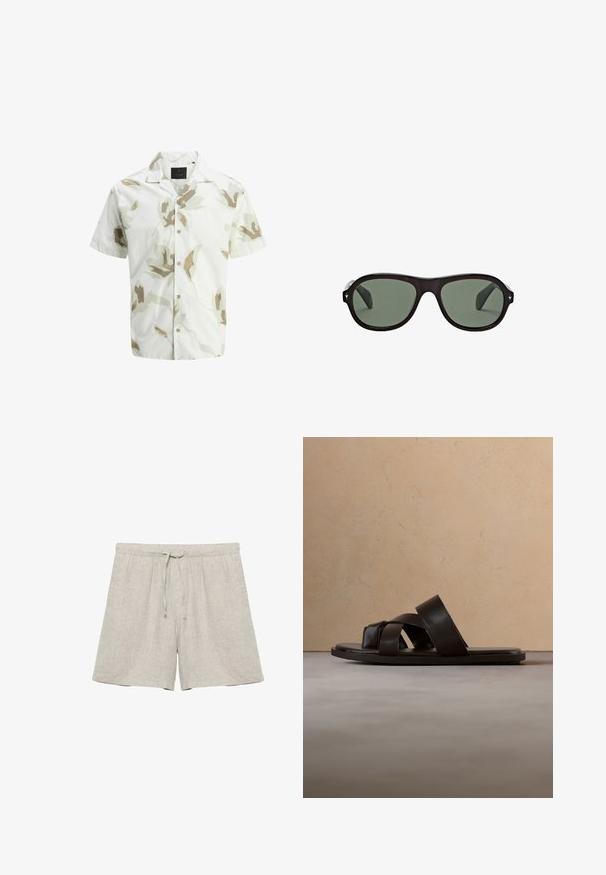 Kurzarmhemd in hellem Beige mit floralem Druck in gedämpften Grüntönen und Brauntönen. Verfügt über eine durchgehende Knopfleiste und einen Camp-Kragen.; Hellbeige Leinen-Shorts mit elastischem Bund und Kordelzug, geradem Bein, ohne sichtbare Marken oder Muster.; Schwarze Leder-Sandale mit flachem Absatz und drei überkreuzten Riemen, schwebend über einem gewebten Teppich aus Naturfasern.; Schwarze ovale Sonnenbrille mit dunkelgrünen Gläsern und kleinen silbernen sternförmigen Details an den Rahmenkanten.