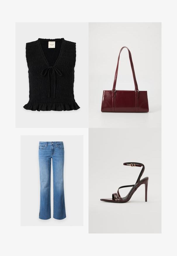 Haut noir sans manches en tissu texturé, col en V, lien sur le devant et ourlet à volants, de Abercrombie & Fitch.; Jean en denim bleu avec une légère évasement, fermeture par boutons à l'avant et design à cinq poches, présenté sur un fond blanc uni.; Sandale à talons hauts en cuir verni bourgogne avec une bride de cheville, bout pointu et trois bandes horizontales sur le pied. Détail de boucle dorée.; Sac à main bordeaux en matériau brillant, de forme rectangulaire, avec deux anses et des accents légèrement courbés à l'avant.