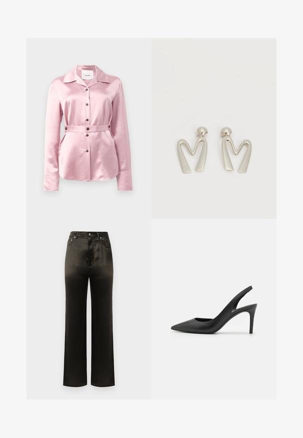 Lys pink satin skjorte med krave, lange ærmer og knaplukning. Har et matchende stofbælte og fremtrædende detaljer med frontlommer.; Bredde ben sorte satinbukser med høj talje, der har forlommer og metalliske knapdetaljer. Glat tekstur og elegant design.; Sorte læder slingback høje hæle med spids tå-design, der har en udskæring fortil og en tynd stiletto-hæl.; Par sølvtonede metaleøreringe formet som den kantede bogstav M med runde fester på en hvid baggrund.