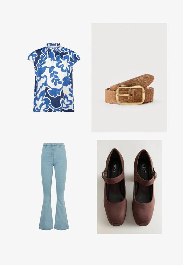 Blouse met korte mouwen en hoge kraag, blauw-wit abstract bloemmotief en een enkele knoopsluiting bij de hals.; Lichtblauwe high-waisted flared jeans van denim, met een gladde textuur en een enkele knoopsluiting met riemlussen.; Bruine suede Mary Jane schoenen met een ronde neus, enkelbandje en een lage plateauhak, en voorzien van een gevoerde binnenkant voor comfort.; Bruine riem van getextureerd leer met een platte, goudkleurige rechthoekige gesp, voorzien van een gladde onderzijde en een afgeronde punt.