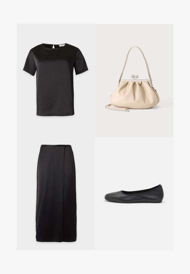 Blouse courte noire en satin, col rond et petite fermeture à bouton œillet au dos.; Jupe midi noire avec une coupe droite et nette et un détail subtil de superposition latérale sur un fond en tissu lisse.; Ballerines en cuir noir avec un bout rond, texture lisse, détails de couture minimalistes et design de semelle flexible.; Sac à main en cuir souple beige avec un fermoir en métal argenté, une bandoulière simple et une bandoulière chaîne optionnelle sur fond blanc.