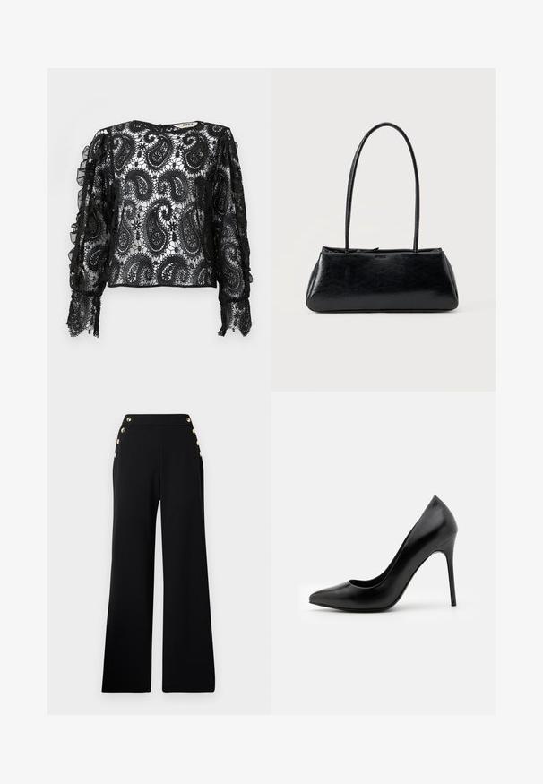 Sort blonde top med paisley-mønster, flæser på ærmerne og gennemsigtig tekstur. Rund halsudskæring med subtil detaljering og cropped pasform.; Sorte højtaljede bukser med brede ben og guldknapper foran samt lommer på begge hofter, på en hvid baggrund.; Sorte læder højhælede pumper med spids tå og glat overflade. Har en slank stilethæl og et lavt udskæringsdesign.; Sort rektangulær skuldertaske med lange tynde stropper og en glat, blank tekstur på en ensfarvet baggrund.