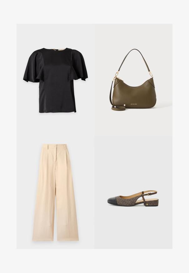 Sort satinbluse med brede, flagrende ærmer og rund halsudskæring, vist fladt mod en lys baggrund.; Beige højtaljede bukser med vide ben, bæltestropper og forlynlås på en ensfarvet lys baggrund.; Slingback-sko med en brunt mønstret stofoverdel og en sort læder tåkap. Har en lille blokhæl og en spænde rem.; Olivengrøn læderhåndtaske med korte og lange remme, guldfarvet hardware og Michael Kors-logo i guld nær bunden på en ensfarvet baggrund.