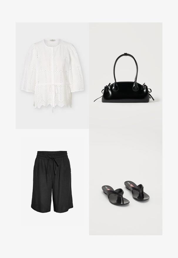 Witte eyelet-blouse met ronde hals, knopen aan de voorkant, driekwart pofmouwen, taillekoord en geschulpte zoom.; Zwarte losse knielange shorts met elastische tailleband en vooraan gestrikte trekkoorden, gemaakt van lichtgewicht stof.; Melissa QUANTUM THONG X DIESEL - Teensandalen - black; Kleine zwarte glanzende handtas met twee lange hengsels en zijkant trekkoord details op een effen lichte achtergrond.