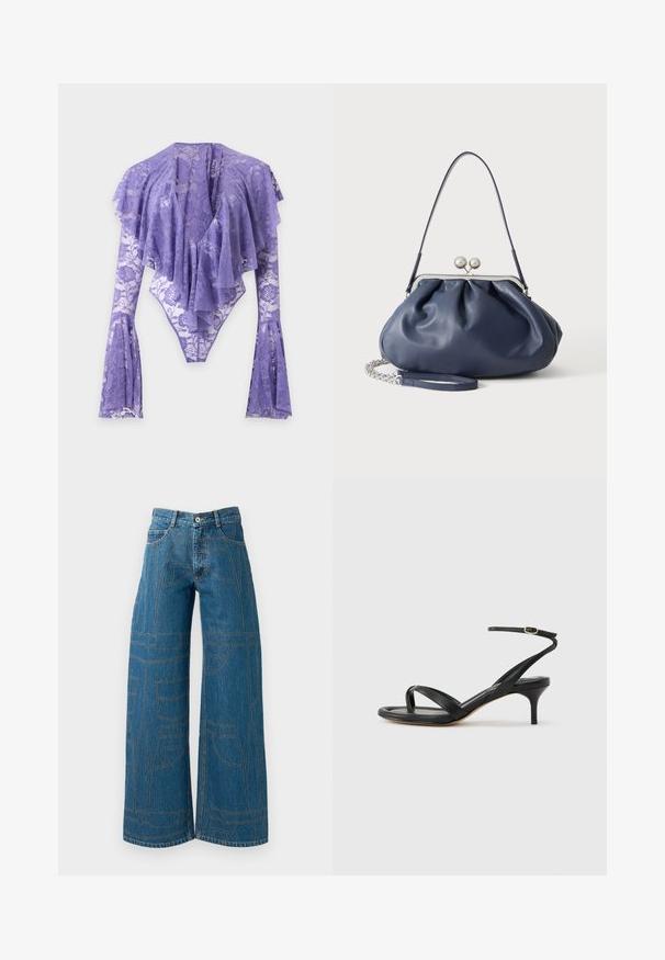 Body de encaje lavanda de manga larga con puños acampanados y un escote profundo en V drapeado y con volantes, con estampados florales por todo el cuerpo.; Vaqueros de pierna ancha en denim azul medio con patrones de costura en contraste y múltiples diseños de bolsillos. Cintura alta con cierre de botón.; Sandalia negra de cuero para mujer con tiras finas, un lazo para el dedo del pie, hebilla en el tobillo y tacón de aguja de altura media sobre un fondo neutro.; Bolso de mano de cuero azul marino suave con cierre de broche plateado, una correa de hombro y correa de cadena desmontable para la muñeca sobre fondo blanco.
