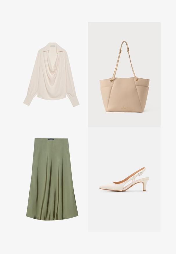 Langærmet bluse med krave i lys crèmefarvet stof, der har en afslappet pasform, opfoldede manchetter og sømløs drapering ved halsudskæringen.; Oliven grøn midi-nederdel lavet af glat stof, med et fladende design og subtil glans samt en lige talje.; Hvide slingback hæle med spids tå, glat overmateriale, lav blokhæl og sideudskæringsdesign med justerbar spænderem.; Beige lædertaske med struktureret form, med gyldne kædestropper og diskrete sidelommer; præget mærkelogo ved bunden.