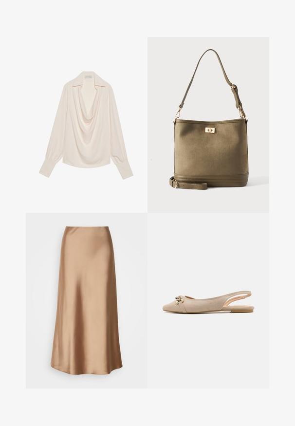 Langærmet bluse med krave i lys crèmefarvet stof, der har en afslappet pasform, opfoldede manchetter og sømløs drapering ved halsudskæringen.; Satin midi-nederdel i en lys brun nuance med en glat, flydende silhuet, der har en subtil glans og en let udvidet kant.; Beige slingback flade lavet af blødt ruskind, med en slank spids tå, dekorative guldmetal accenter og et minimalistisk design.; Olivengrøn bucket-taske med justerbar skulderrem og guldfarvet drejelås foran.