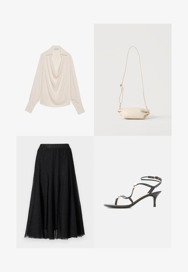 Blouse met col van lichtcrème stof, met lange mouwen, een ontspannen pasvorm, omgeslagen manchetten en naadloze draping bij de halslijn.; Zwarte maxi rok met een gestructureerd, vloeiend ontwerp. Kenmerkt zich door een brede, glanzende tailleband en een gelaagd, doorschijnend materiaal voor een gracieuze uitstraling.; Zwarte sandaal met bandjes en een middenhoge hak, gouden accentkralen en enkelbandje met gesp op een witte achtergrond.; Kleine beige leren crossbody tas met verstelbare riem, getoond tegen een effen lichte achtergrond.