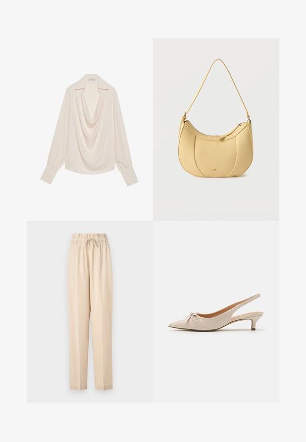 Langärmlige Bluse mit Kapuzenkragen aus leichtem Creme-Stoff, mit lockerer Passform, umgeschlagenen Manschetten und nahtlosem Drapierungsausschnitt.; Beige, leichte Hose mit elastischem Bund, Kordelzugdetails und geradem Beinanschnitt. Glatte Textur, minimalistischer Stil.; Beige Lackleder Slingbacks mit spitzer Zehenform und einer dekorativen Schleife auf dem Blatt. Verfügt über einen niedrigen, schlanken Absatz und eine glatte Textur.; Gelbe Schultertasche aus Kunstleder mit geschwungenem, gestepptem Design und Reißverschluss, mit glatter Textur und einem tonalen Schultergurt.