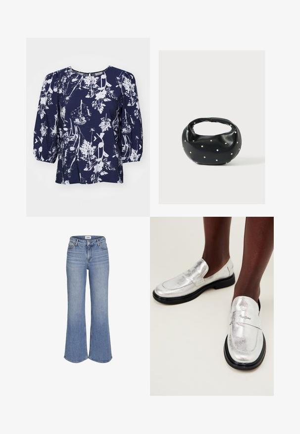 Mørkeblå bluse med hvid botanisk print, rund hals og puffede ærmer. Struktureret stof med løst fit og subtil glans.; Højtaljede, lyseblå denimjeans med vide bukseben og frontknaplukning.; Sølvmetallic loafers med en glat overflade, sort gummisål og et dekorativt bånd med brandnavnet præget.; Sort læderhåndtaske med en rundet form, dekoreret med sølvnitter, og et kort håndtag. Glat tekstur og lynlåslukning.