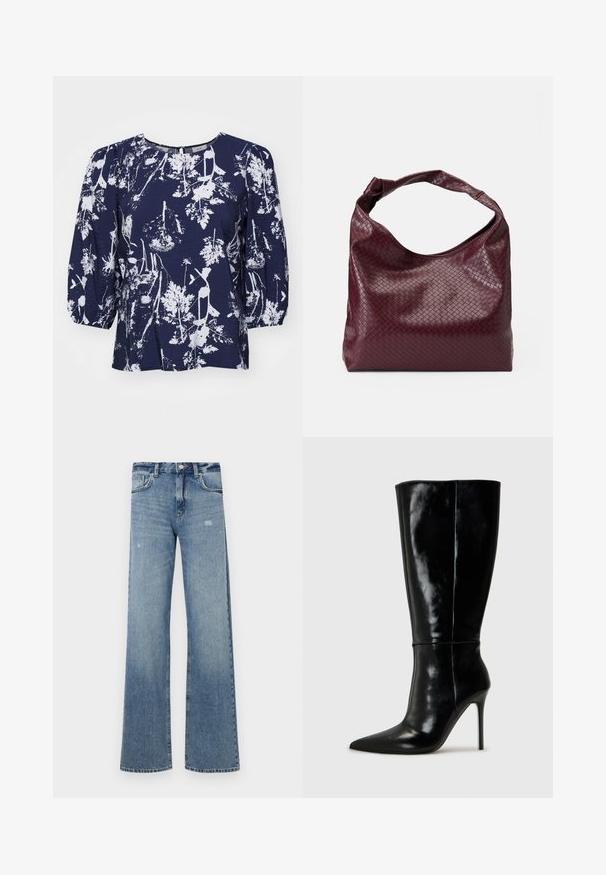 Blusa azul marino con estampado botánico blanco, cuello redondo y mangas abullonadas. Tejido texturizado con un ajuste holgado y un sutil brillo.; Jeans de mezclilla azul claro con cintura alta, diseño de pierna ancha, ligera desgastación y estructura tradicional de cinco bolsillos.; Botas de cuero negro hasta la rodilla con punta afilada y tacón alto de aguja. Textura suave y diseño elegante, con detalles mínimos.; Bolso burdeos con un patrón tejido texturizado, material de cuero suave y un solo asa anudada. Diseño espacioso estilo hobo.