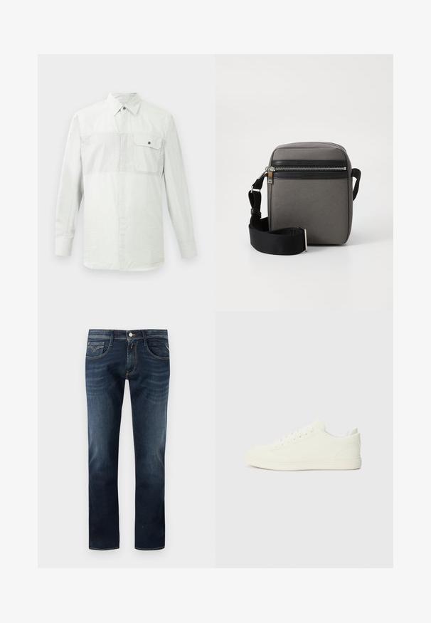 Witte lange mouwen button-up shirt met subtiele verticale strepen en een enkele knoopzak op de linkerzijde.; Donkerblauwe denim jeans met een klassieke rechte pijp, voorzien van vijf zakken, een knoopsluiting aan de voorkant en subtiele stikdetails.; Witte sneakers met een gladde, textuurachtige bovenkant, ronde neus en traditionele vetersluiting, met een minimalistisch ontwerp en rubberen zool.; Grijze stof schoudertas met een zwart ritsvak, verstelbare band en rechthoekige vorm. Heeft een soepele textuur en metalen hardware.