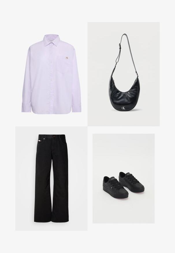 Hellviolettes langärmliges Hemd mit Knöpfen, linke Brusttasche und kleinem Calvin Klein-Logo-Patch oberhalb der Tasche.; Schwarze weite Jeans aus Baumwolle. Verfügt über frontale Taschen, einen Knopfverschluss und eine klassische Denim-Textur. Minimalistisches Design ohne Muster.; Schwarze Low-Top-Sneaker aus glattem Material, mit dicken Schnürsenkeln, einer strukturierten Sohle und einem kleinen Logo an der Seite und auf der Zunge.; Schwarze, halbmondförmige Lederschultertasche mit verstellbarem Riemen und silbernem "cK"-Logo auf der Vorderseite, vor einem schlichten weißen Hintergrund.