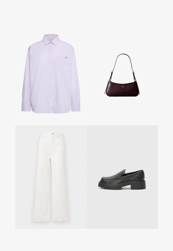 Lys lilla langærmet skjorte med knapper, venstre brystlomme og lille Calvin Klein-logo over lommen.; Hvide højtaljede brede jeans lavet af denim. Har frontlommer, knaplukning og afrivede kantdetaljer.; Sorte læder loafers med rund tå, tyk tekstureret sål og minimale syninger. Elegant design uden synlige snørebånd eller hardware.; Mørk bordeaux læderhåndtaske med en tynd sort skulderrem og lille gyldent "cK" logo foran i midten.