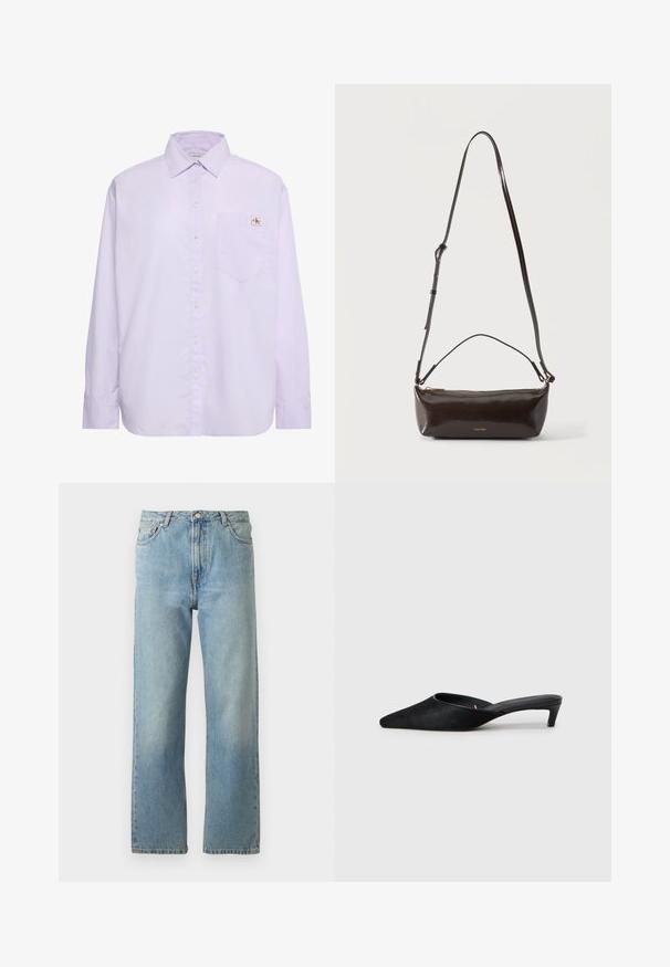 Hellviolettes langärmliges Hemd mit Knöpfen, linke Brusttasche und kleinem Calvin Klein-Logo-Patch oberhalb der Tasche.; Hellblaue Denim-Jeans mit geradem Bein, ausgestattet mit einem Fünf-Taschen-Stil und einem Knopfverschluss am Bund.; Schwarze Wildleder-Mules mit spitzer Zehenform und niedrigem Absatz. Verfügen über eine glatte Textur und einen offenen Rücken für bequemes Tragen. Einfaches Design ohne Muster.; Kleine glänzende dunkelbraune Leder-Schultertasche mit verstellbarem Riemen, Tragegriff oben und goldfarbenem Reißverschluss.