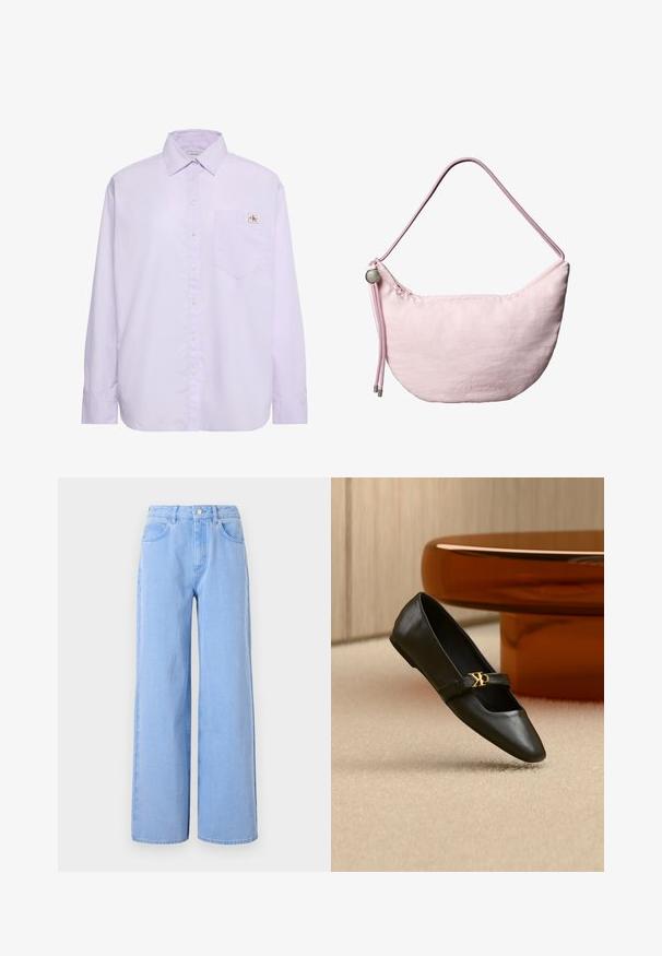 Svetlofialová košeľa s dlhým rukávom na gombíky, s ľavým náprsným vreckom a malou nášivkou s logom Calvin Klein nad vreckom.; Svetlomodré široké rifľové nohavice vyrobené z denimu. Majú priliehavý pás s pútkami na opasok a predné vrecká, so švom detailom a čistým lemom.; Čierna kožená balerína s ostrou špičkou a zlatým logom CK na remienku, položená na béžovom koberci pri okrúhlom jantarovo hnedom stole.; Mäkká ružová ramenná taška v tvare polmesiaca s nastaviteľným popruhom zo šnúry, kovovým zarážkou a nenápadným vyrazeným logom „cK“ na prednej stredovej časti.