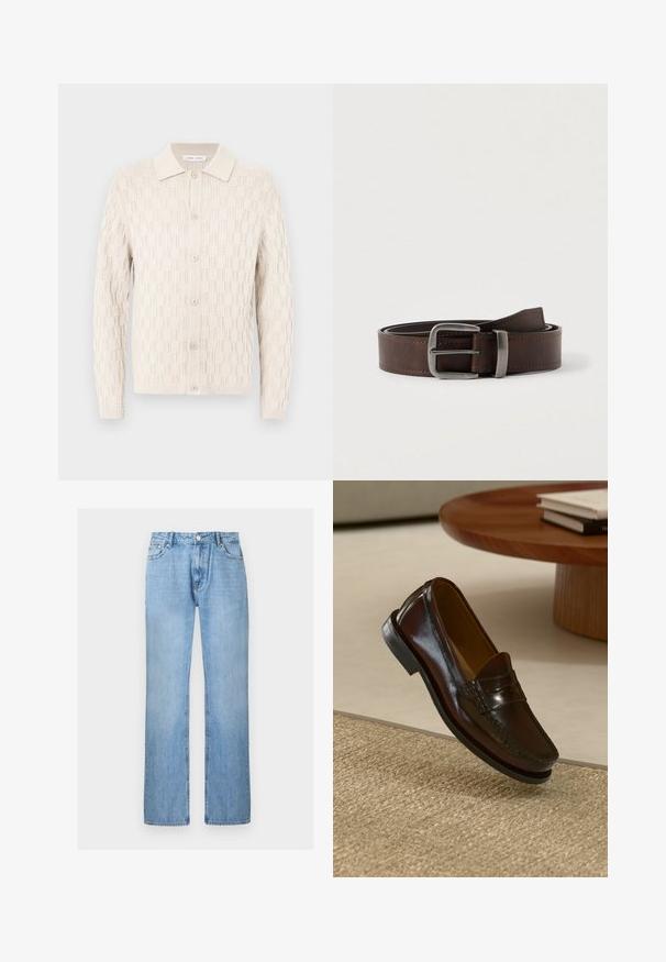 Cardigan en tricot de couleur écrue avec un motif texturé, doté d'une fermeture à boutons et d'un col plat, manches longues avec des bords-côtes.; Jean droit en denim bleu clair avec bouton à l'avant et poches, présenté sur un fond blanc uni.; Mocassins en cuir marron au fini brillant, avec un détail cousu sur le devant et une semelle en caoutchouc noir à profil bas.; Ceinture en cuir marron foncé avec une boucle rectangulaire en argent, enroulée et placée sur un fond clair et neutre.