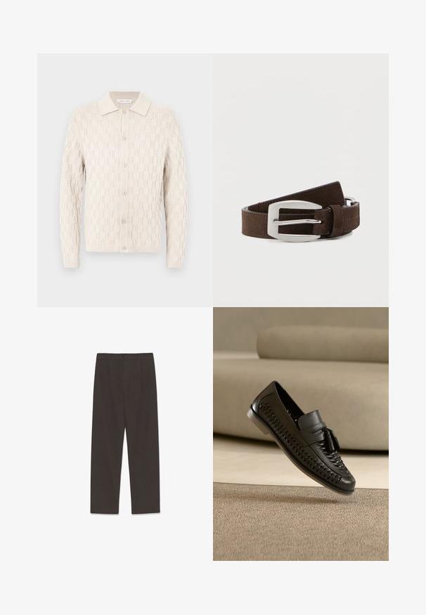 Cardigan en tricot de couleur écrue avec un motif texturé, doté d'une fermeture à boutons et d'un col plat, manches longues avec des bords-côtes.; Pantalon marron foncé en tissu doux, doté d'une coupe à jambe droite, de plis sur le devant et d'une fermeture à un seul bouton à la taille.; Mocassin tissé en cuir noir avec pompons, posé avec la semelle inclinée vers le haut sur un tapis beige devant un canapé beige.; Ceinture en daim brun foncé avec boucle rectangulaire argentée, enroulée sur un fond gris clair.
