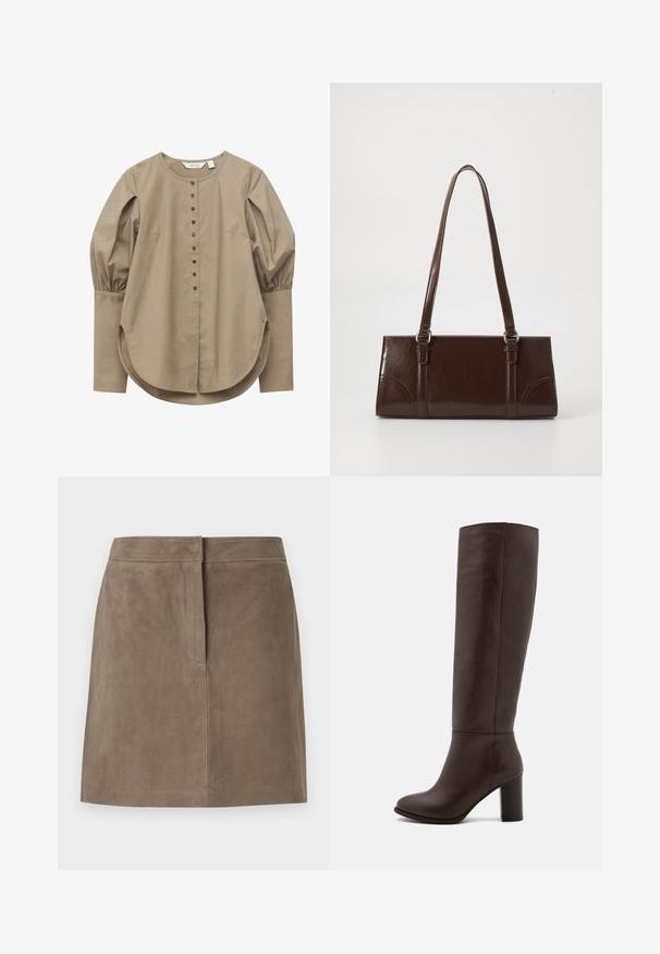 Blouse beige à manches longues avec encolure ronde, boutonnage sur le devant, manches supérieures bouffantes, larges poignets et ourlet arrondi.; Jupe en suede taupe, longueur genou, avec une coupe droite et un détail de couture dissimulé à l'avant, sur fond uni.; Botte en cuir marron à hauteur de genou avec un talon large, texture lisse, bout arrondi et détails de couture minimaux.; Sac à main en cuir verni marron de forme rectangulaire, avec deux longues poignées et des accents courbés subtils à l'avant.