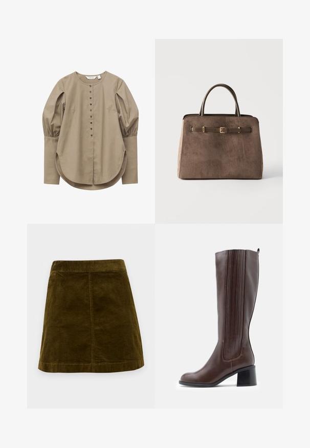 Blouse beige à manches longues avec encolure ronde, boutonnage sur le devant, manches supérieures bouffantes, larges poignets et ourlet arrondi.; Jupe mini en velours côtelé marron avec des côtes verticales, coupe droite et ourlet net. Présente une taille simple sans embellissements.; Botte haute en cuir marron avec couture verticale, bout arrondi et talon bloc. Texture lisse et design minimaliste.; Sac à main en daim marron avec deux anses et une sangle en cuir décorative avec boucle dorée à l'avant, sur fond uni.