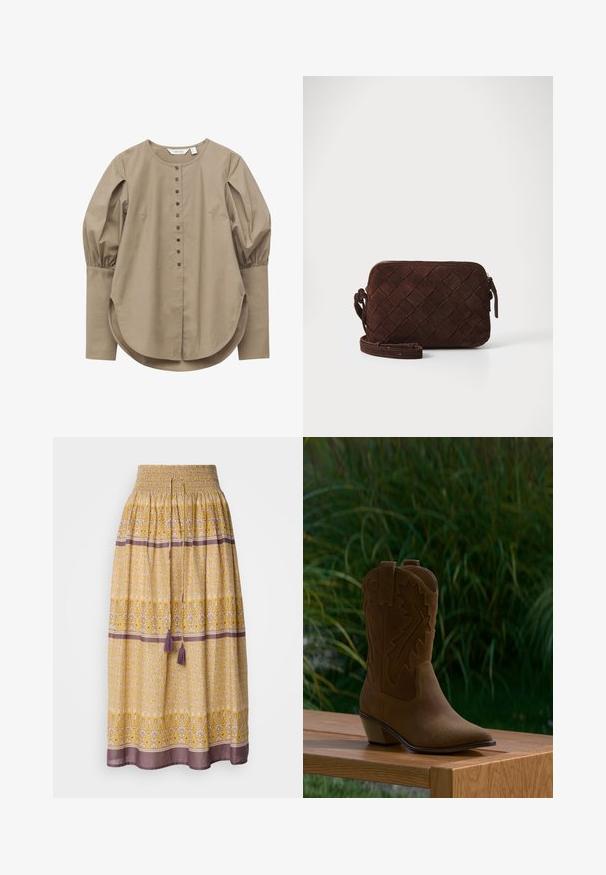 Beige blouse met lange mouwen, een ronde hals, knopen aan de voorkant, opgeblazen bovenmouwen, brede manchetten en een gebogen zoom.; Geel maxi-jurk met smocktail, bloem- en geometrische patronen in wit en paars, voorzien van twee paarse franjes bij de taille.; Bruine suède cowboylaars met decoratief stiksel, een puntige neus en een lage schuine hak, tentoongesteld op een houten bankje buiten.; Bruine suède schoudertas met een geweven ontwerp, ritssluiting en een verstelbare schouderband. Heeft een slanke, rechthoekige vorm.