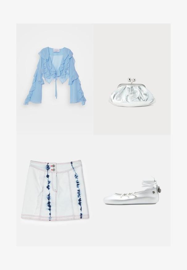 Lichtblauw cropped blouse van chiffon met ruches langs de voorkant en mouwen, voorzien van een striksluiting in de taille.; Denim mini-rok in lichtblauw met tie-dye patronen in donkerblauw. Bevat rode steken en twee voorknopjes. Korte lengte met een slim fit.; Witte ballerina met een enkellint omwikkeling, veters aan de voorkant en een klein metalen label bevestigd aan het hielstuk, afgebeeld op een effen achtergrond.; Kleine zilverkleurige metalen clutch met een afgerond, geplooid ontwerp en een sluiting met twee zilveren bollen.