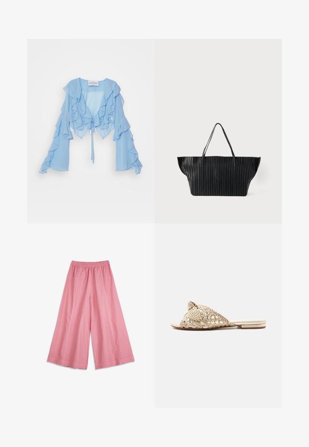 Blouse courte bleu clair en chiffon avec des accents froncés sur le devant et les manches, dotée d'un lien de fermeture à la taille.; Pantalon ample rose avec taille élastique et poches latérales, présenté à plat sur un fond blanc.; Sandale plate avec larges brides tissées beiges croisées sur le pied et un petit talon empilé sur fond blanc.; Sac cabas noir avec texture plissée verticale et deux fines anses sur un fond clair uni.
