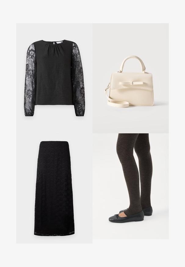 Čierny top s dlhým rukávom z textúrovanej látky s kvetinovými čipkovými rukávmi. Uzáver na zadnej strane v tvare kľúčovej dierky s očkom. Elegantný dizajn a podrobné akcenty.; Čierna čipkovaná midi sukňa s kvetinovým vzorom, rovný strih a jemná textúra, vystavená na jednoduchom bielom pozadí.; Nohy v tmavých pásikavých legínach v kombinácii s čiernymi balerínkami s malými mašličkami na bielom pozadí.; Malá béžová kabelka s horným uchom, odnímateľným popruhom, predným prekrytím a dekoratívnou horizontálnou mašľou na jednoduchom pozadí.