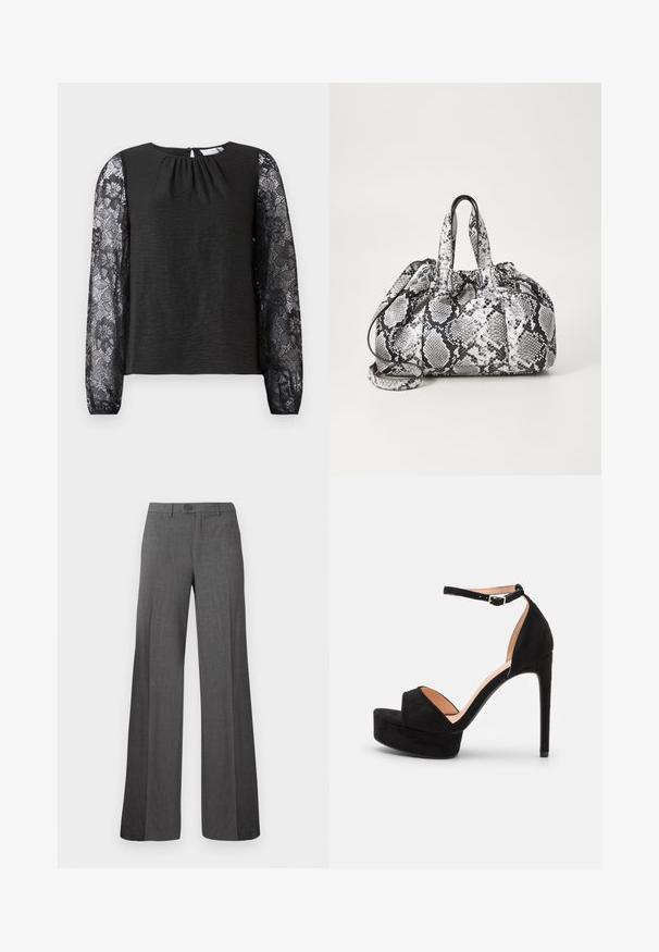 Top negro de manga larga con cuerpo de tela texturizada y mangas de encaje floral. Cierre en la espalda con forma de ojo de cerradura y un lazo. Diseño elegante y detalles cuidados.; Pantalones de vestir grises de pierna ancha con cierre de botón y cremallera, frontales planos y trabillas para cinturón, mostrados sobre un fondo claro y sencillo.; Sandalia de tacón alto de ante negro con suela de plataforma, tira en el tobillo con herrajes plateados, diseño de punta abierta y textura suave.; Bolso de mano con patrón de piel de serpiente en blanco y negro, con dos asas, un cierre de cordón y una correa para el hombro desmontable. Textura suave.