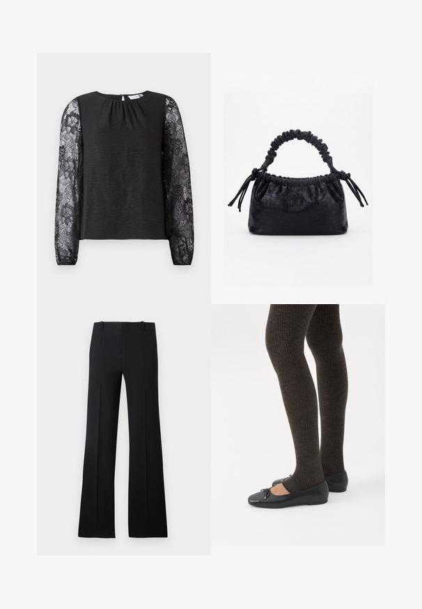 Top negro de manga larga con cuerpo de tela texturizada y mangas de encaje floral. Cierre en la espalda con forma de ojo de cerradura y un lazo. Diseño elegante y detalles cuidados.; Pantalones de campana negros con una textura suave, que presentan una cintura ajustada, lazos para cinturón y un diseño limpio que se extiende hasta un dobladillo amplio.; Piernas con leggings oscuros acanalados combinados con bailarinas negras que presentan pequeños detalles de lazo sobre un fondo blanco.; Bolso negro con textura de cocodrilo, borde superior fruncido, asa recogida y cordones con borlas en cada lado sobre un fondo blanco.
