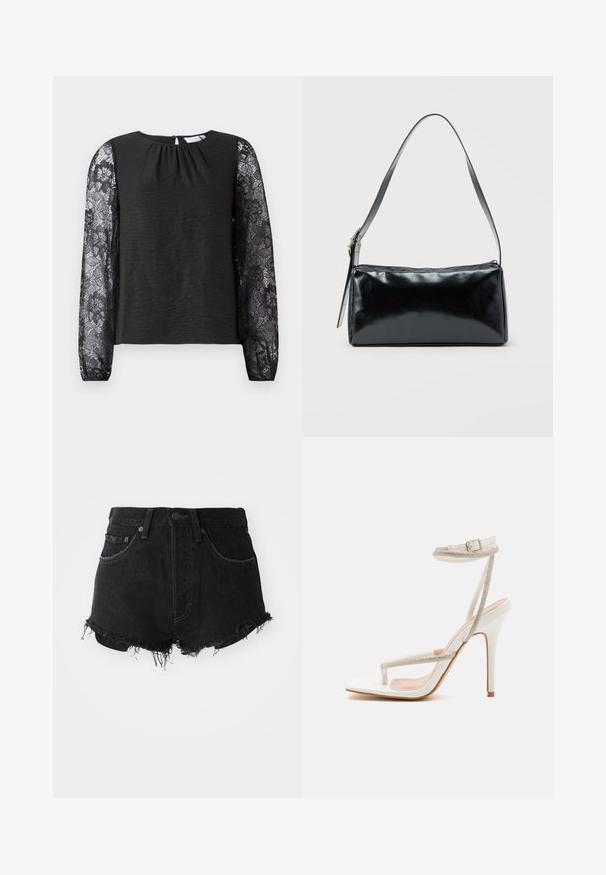 Sort langærmet top med tekstureret stof og blomsterlacemanchetter. Nøglehulslukning bagpå med en løkke. Elegant design og detaljerede accenter.; Sorte denim shorts med en frynset kant, klassisk fem-lomme design og metalknap lukning. Mor med høj talje og slidt tekstur.; RAID RORY - Højhælede sandaletter / Højhælede sandaler - white; Sort rektangulær skuldertaske med en enkelt justerbar rem og lynlås i toppen på en ensfarvet baggrund.