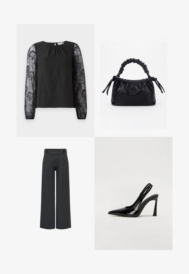 Top negro de manga larga con cuerpo de tela texturizada y mangas de encaje floral. Cierre en la espalda con forma de ojo de cerradura y un lazo. Diseño elegante y detalles cuidados.; Pantalones negros de pierna ancha con cintura alta y detalles de botones en la cinturilla, costura delantera y dobladillo recto.; Zapato de tacón con tirante en negro de charol, punta afilada, tacón alto y delgado, y doble tira elástica para un ajuste seguro. Superficie suave y brillante.; Bolso negro con textura de cocodrilo, borde superior fruncido, asa recogida y cordones con borlas en cada lado sobre un fondo blanco.