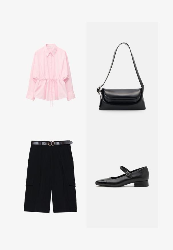 Blusa rosa claro abotonada con cuello, mangas largas y cordón en la cintura para ajuste regulable.; Pantalones cortos cargo negros hechos de una tela ligera, con un corte recto, bolsillos laterales y un cinturón de cuero marrón con una hebilla de plata.; Zapatos Mary Jane de cuero negro con puntera de charol, correa de tobillo ajustable y tacón bajo. Textura suave y diseño elegante.; Bolso de piel negra con una forma estructurada, una textura suave y una sola correa para el hombro. Presenta un diseño de tapa sutil y redondeado.