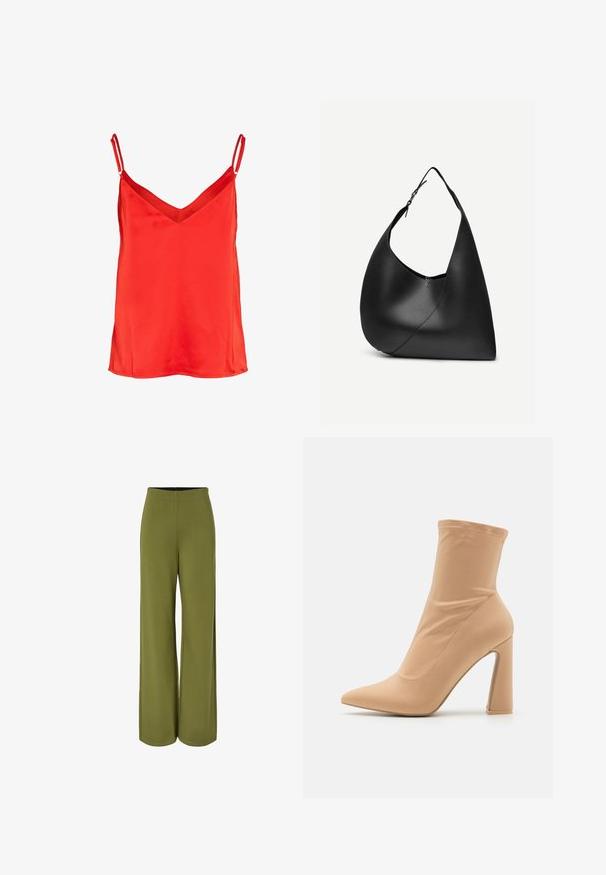 Top caraco rouge en satin sans manches avec bretelles spaghetti doubles réglables et décolleté en V sur fond blanc.; Pantalon large vert olive avec une taille haute et un tissu lisse et fluide, présenté sur fond blanc.; Botte de cheville beige à bout pointu avec un dessus en tissu extensible ajusté et un talon haut épais. Présente des coutures visibles le long des coutures.; Sac à épaule en cuir noir avec forme triangulaire incurvée, une seule sangle ajustable, et une couture diagonale visible à l'avant.
