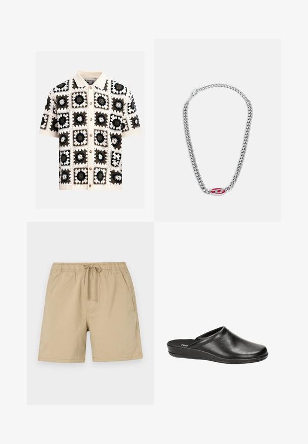 Korte mouwen gehaakt shirt met knoopsluiting aan de voorkant, met een vierkant patroon van zwarte, witte en donkergroene bloemmotieven en een gebreide kraag.; Beige shorts van katoen met een elastische tailleband, een trekkoord en zijzakken. Gladde textuur en boven de knie lengte.; Zwarte leren klompen met een ronde neus, lage hak en instapontwerp. Kenmerkt zich door een gladde textuur en subtiele stikseldetails op de bovenkant.; Diesel NECKLACE - Ketting - silver coloured