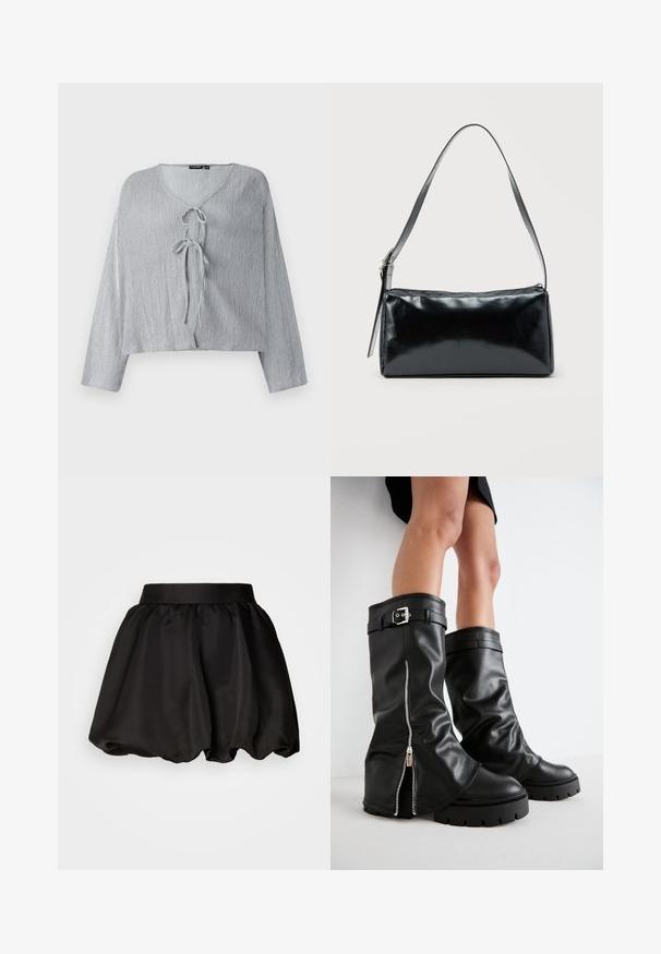 Lichtgrijze cropped blouse met lange mouwen, V-hals en sluiting met een strik aan de voorkant. De textuur van de stof vertoont subtiele verticale lijnen.; Zwarte satijnen rok met een brede tailleband, voorzien van een volumineuze, bubbelvorm. Gladde textuur zonder zichtbare patronen of hardwaredetails.; Zwarte leren kniehoge laarzen met een brede schacht, voorzien van een zijrits en een gespaccent, met een gestructureerde afwerking en een chunky rubberen zool.; Zwarte rechthoekige schoudertas met een enkele verstelbare band en een bovenste ritssluiting op een effen achtergrond.