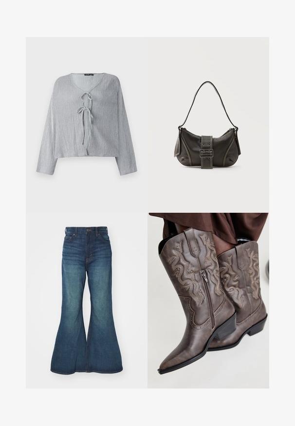 Blouse courte gris clair avec des manches longues, encolure en V et fermeture par lien à l'avant. Le tissu texturé présente des lignes verticales subtiles.; Jean en denim évasé de bleu moyen, présentant une taille haute, un design à cinq poches et des coutures contrastées. Texture lisse avec un léger délavage.; Bottes de cowboy en cuir marron avec un bout pointu, fermeture éclair sur le côté et design serpent texturé en beige, ornées de clous décoratifs le long des bords.; Sac à épaule en cuir noir avec une sangle à boucle, des bords arrondis et des coutures blanches contrastées sur un fond uni.