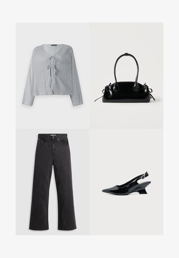 Blusa corta de color gris claro con manga larga, escote en V y cierre con lazo en el frente. La tela texturizada muestra líneas verticales sutiles.; Jeans de mezclilla negra de pierna ancha con cintura alta, cinco bolsillos y cierre de botón metálico. La tela tiene una textura suave y ligeramente desvaída.; Zapato slingback de cuero charol negro con puntera puntiaguda y tacón bajo en bloque inclinado sobre fondo claro liso.; Pequeño bolso negro brillante con dos asas largas y detalles de cordón lateral sobre un fondo claro liso.