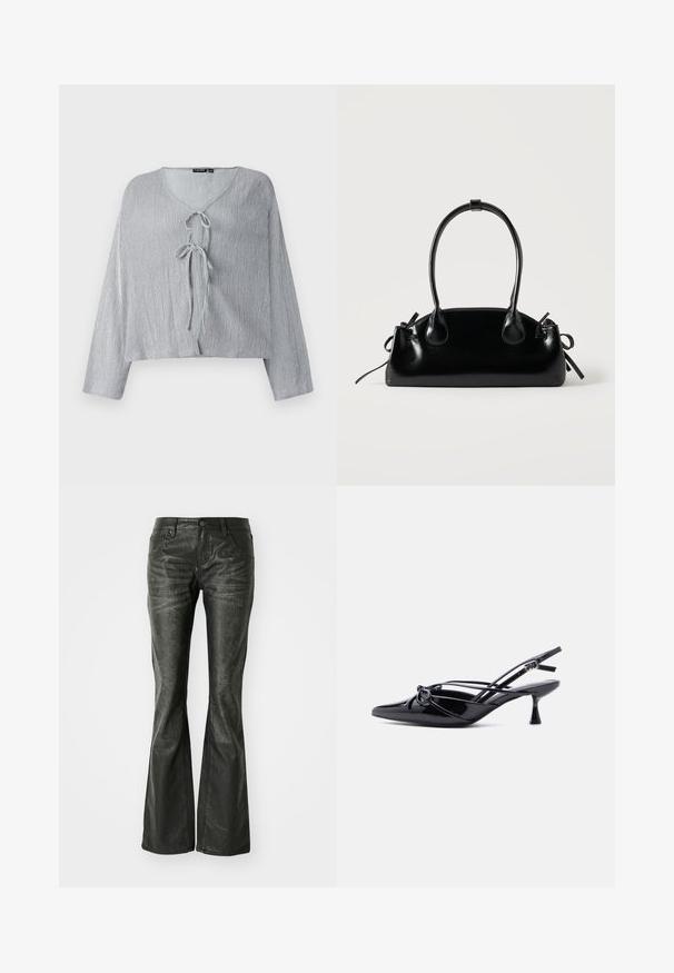 Lichtgrijze cropped blouse met lange mouwen, V-hals en sluiting met een strik aan de voorkant. De textuur van de stof vertoont subtiele verticale lijnen.; Zwarte nepleer flared jeans met voorzakken, een metalen knoopsluiting en een licht gestructureerd oppervlak. Rechte pijpen met een lange snit.; Zwarte slingback pump van lakleer met een spits toelopende neus, lage kittenhak en decoratieve knoopstrik aan de voorkant.; Kleine zwarte glanzende handtas met twee lange hengsels en zijkant trekkoord details op een effen lichte achtergrond.