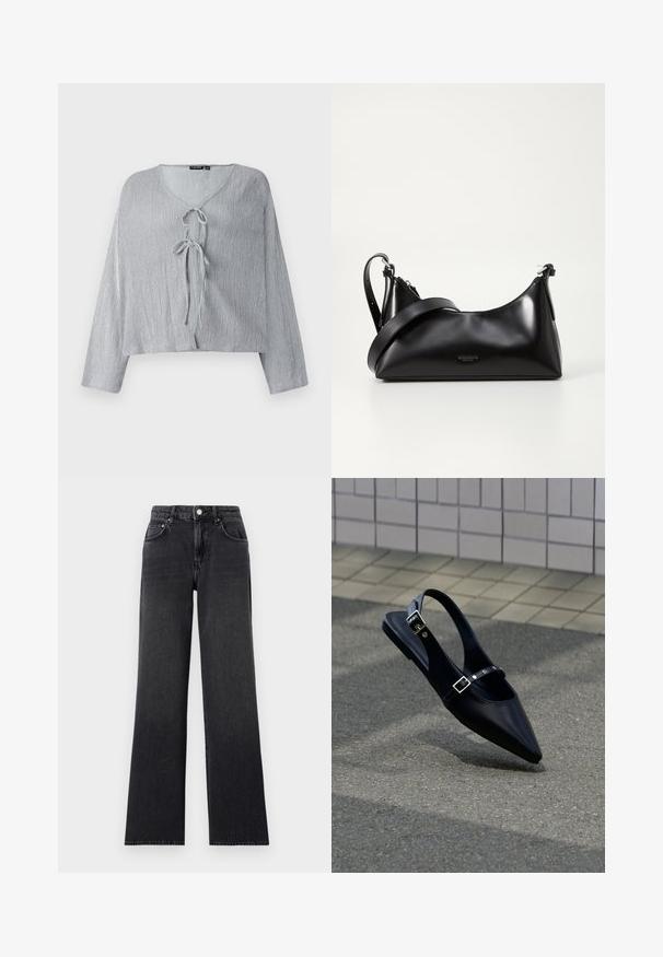 Lichtgrijze cropped blouse met lange mouwen, V-hals en sluiting met een strik aan de voorkant. De textuur van de stof vertoont subtiele verticale lijnen.; Zwarte wijd uitlopende jeans van denim, met een hoge taille, riemlussen en een klassieke vijf-pocketontwerp met koperen accenten.; Zwarte platte slingback met spits toelopende neus en dubbele gespsluitingen, rustend op grijs asfalt bij een achtergrond van betegelde muur.; Zwarte leren handtas met een gladde textuur. Beschikt over een verstelbare schouderband en een strak, minimalistisch ontwerp met een ritssluiting.