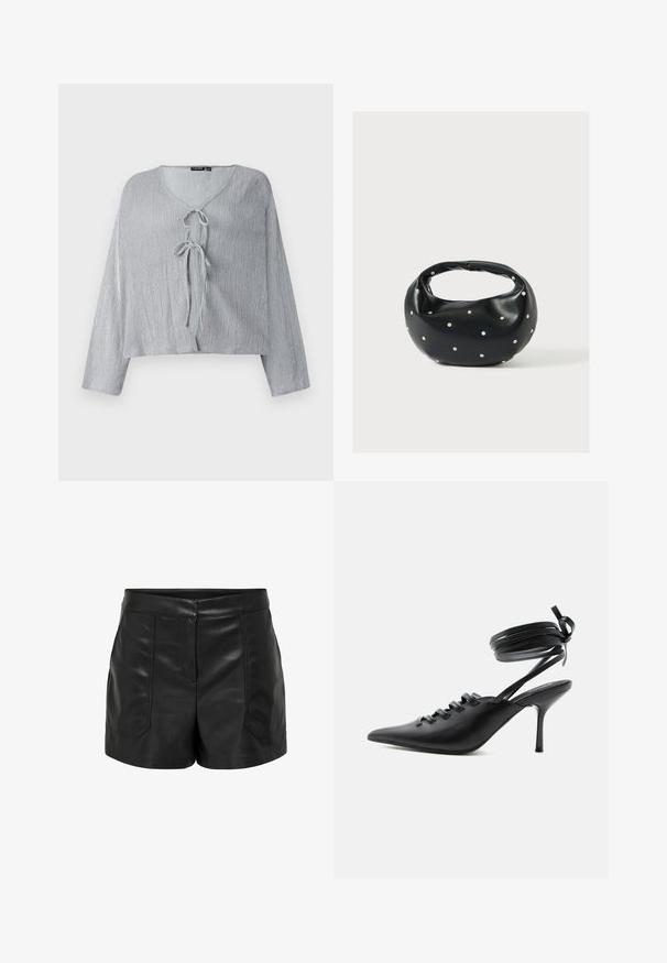 Light grey cropped blouse with long sleeves, V-neck, and front tie closure. Textured fabric displays subtle vertical lines.; Black faux leather high-waist shorts with front seam details and patch pockets, displayed against a plain white background.; Black pointed-toe high heel shoe with lace-up front and wrap-around ankle straps tied in a bow, shown from the side on a white background.; Black leather handbag with a rounded shape, decorated with silver stud accents, and a short handle. Smooth texture and zipper closure.