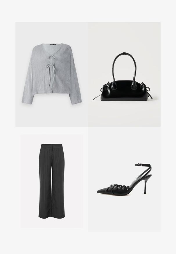 Blouse courte gris clair avec des manches longues, encolure en V et fermeture par lien à l'avant. Le tissu texturé présente des lignes verticales subtiles.; Pantalons larges noirs avec des rayures blanches, dotés d'une taille lisse et d'une coupe décontractée pour plus de confort, fabriqués en tissu léger.; Chaussure à talon haut noire à bout pointu, bords festonnés, œillets métalliques, lacets à l'avant et bride de cheville avec fermeture à boucle.; Petit sac à main noir brillant avec deux longues anses et des détails à cordon sur les côtés sur un fond clair uni.