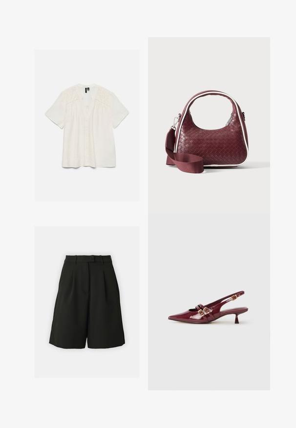 Witte blouse met korte mouwen, knopen aan de voorkant en bloemrijke opengewerkte borduursels op de schouders en bovenborst.; Vero Moda Tall VMBECCA BERMUDA - Shorts - black; Bordeaux lakleren slingback schoen met een spitse neus, twee platte banden met gouden gespen en een kleine hak.; Donkerrode geweven leren handtas met gebogen handvat, witte bies, zilveren rits en afneembare brede stoffen schouderriem tegen een effen achtergrond.