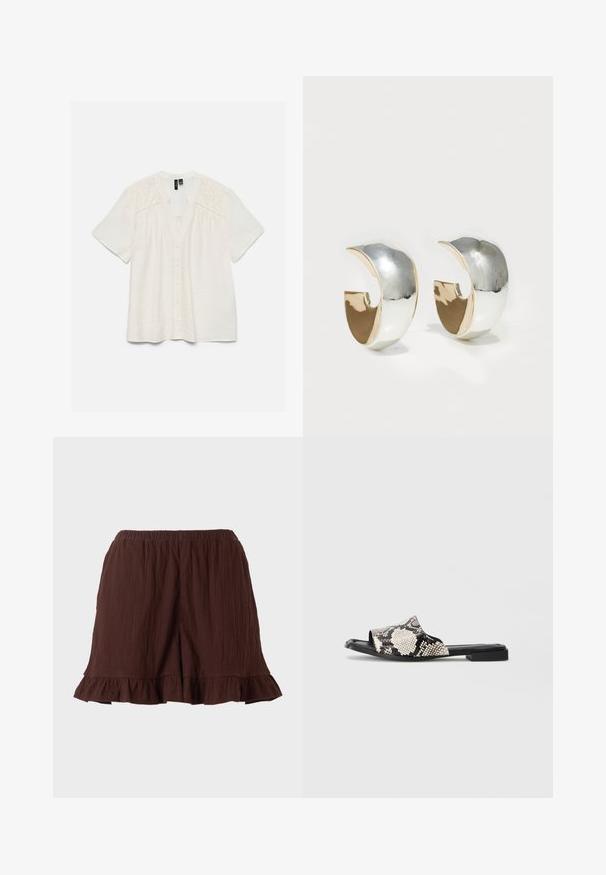 Blouse blanche à manches courtes avec boutonnière sur le devant et broderie florale découpée aux épaules et en haut de la poitrine.; Shorts en tissu brun texturé avec ceinture élastique et ourlets volantés sur un fond uni clair.; Sandales à glissière ouvertes avec un motif serpent noir et blanc, semelle plate noire et design minimaliste. Texture lisse, matériaux synthétiques.; Uncommon Matters SCULPTED CREOLE - Boucles d'oreilles - silver-coloured/gold-coloured