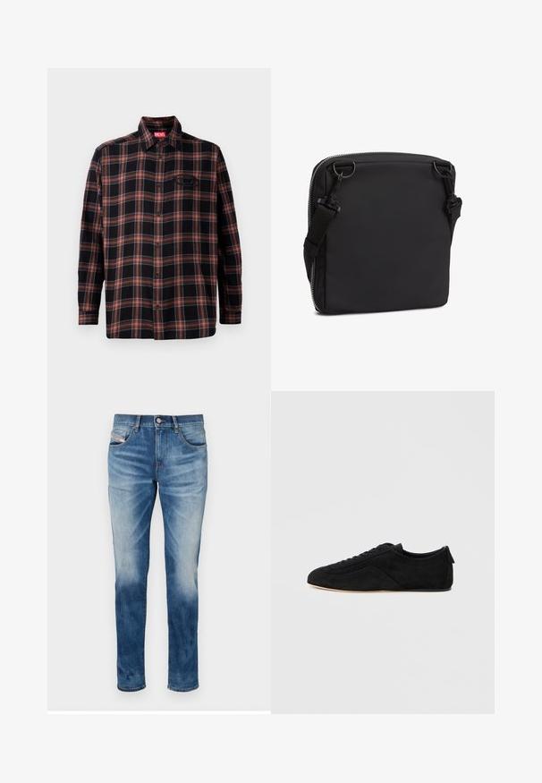 Chemise à carreaux noire et rouge avec un devant à boutons, des manches longues et une étiquette sur le col. Présente des coutures contrastées et une poche plaquée.; Jean en denim bleu avec une coupe droite, une finition délavée, cinq poches et une fermeture à bouton en métal. Texture douce avec un minimum de détails.; Basket basse en daim noir avec lacets à l’avant et semelle beige, vue de côté extérieur sur fond gris clair.; Petit sac bandoulière rectangulaire noir compact avec fermeture éclair en haut et bandoulière réglable fixée par des anneaux métalliques.