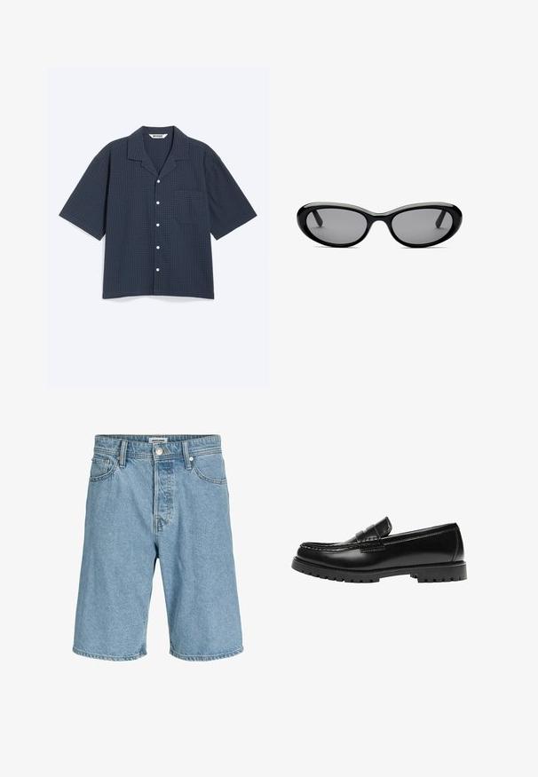 Chemise bleu foncé à manches courtes boutonnée, avec un motif à carreaux discret, col pointu et une poche poitrine unique.; Shorts en denim bleu clair avec bouton et fermeture éclair à l'avant, passants pour ceinture, et poches avant et arrière.; Mocassin en cuir noir avec une semelle en caoutchouc épaisse et un détail classique de bride à monnaie, vu de côté extérieur.; Lunettes de soleil ovales noires avec des verres teintés foncés et une épaisse monture brillante, montrées de face sur un fond blanc.
