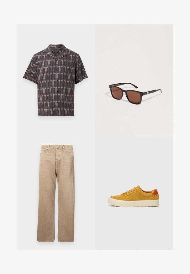 Kortærmet skjorte med knapper, brun og sort geometrisk oval mønster og en camp-krave.; Beige denimjeans med lige pasform, der har fem lommer, knaplukning og kontrasterende syninger. Glat tekstur og minimal slid.; Gule sneakers i ruskind med en cremet gummisål, som har brune accenter og snørebåndsdesign, tekstureret overflade med detaljer i sidesyninger.; Brunetonede firkantede solbriller med mørke plaststel og sølvfarvede detaljer på stængerne. Glat tekstur med blank finish.